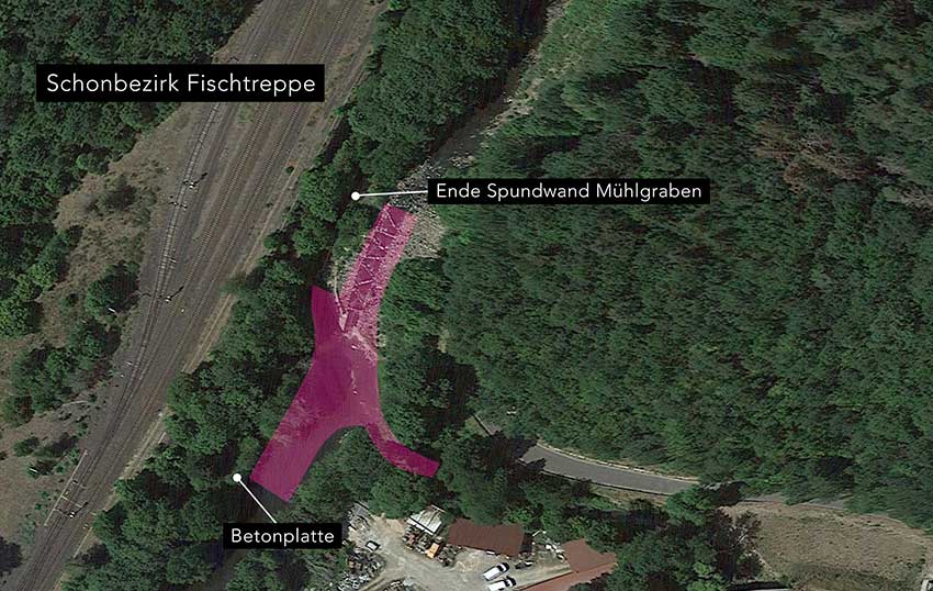 Karte mit Kennzeichnung des Fischschonbezirks an der Fischtreppe